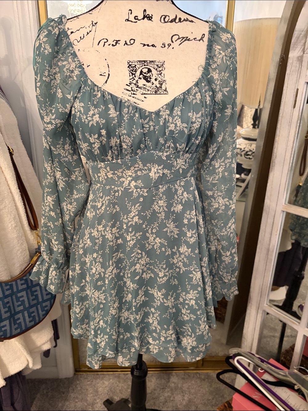 Teal Floral Long Sleeve Mini Dress with Sweetheart Neckline